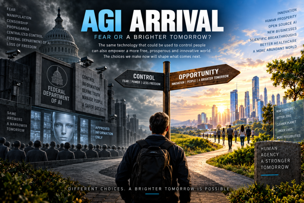 AGI and artificial intelligence at a crossroads between government control and an open future of innovation and human opportunity.